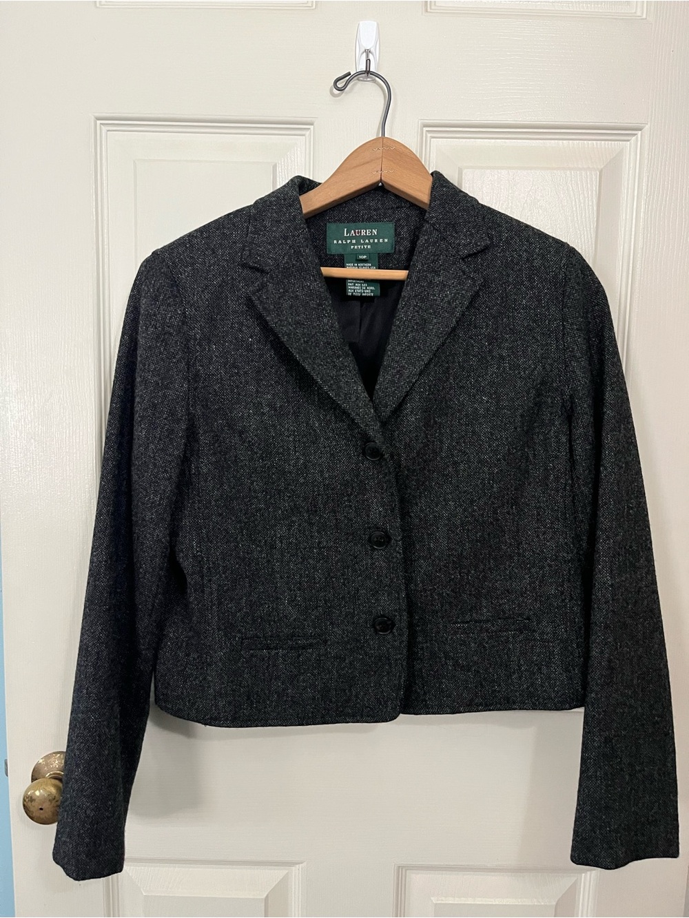Lauren Ralph Lauren 100% Wool Grey Cropped Blazer Size 10P Vintage